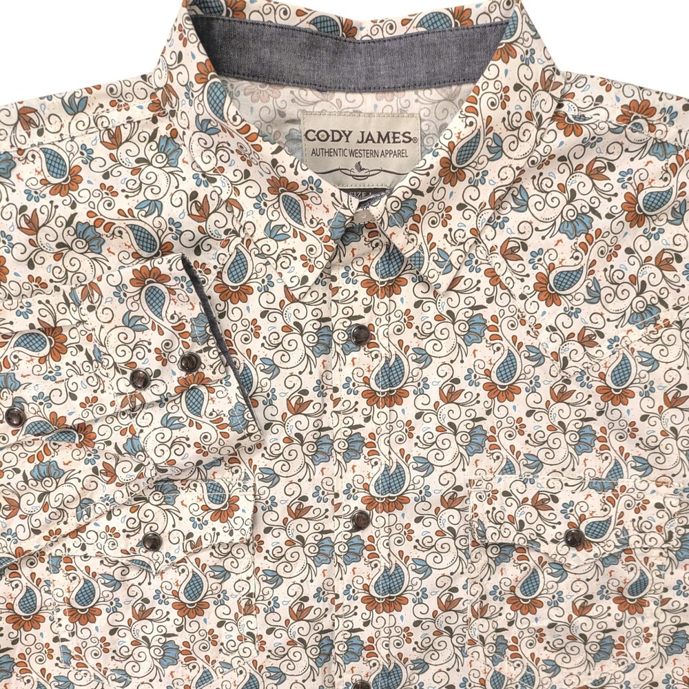 Cody James Mens Large Paisley Floral Western Snap Shirt White Blue Rust Cotton